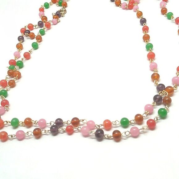 Long Multi-color Small Glass Beaded Necklace 46 inches Spring Ring - Picture 7 of 14